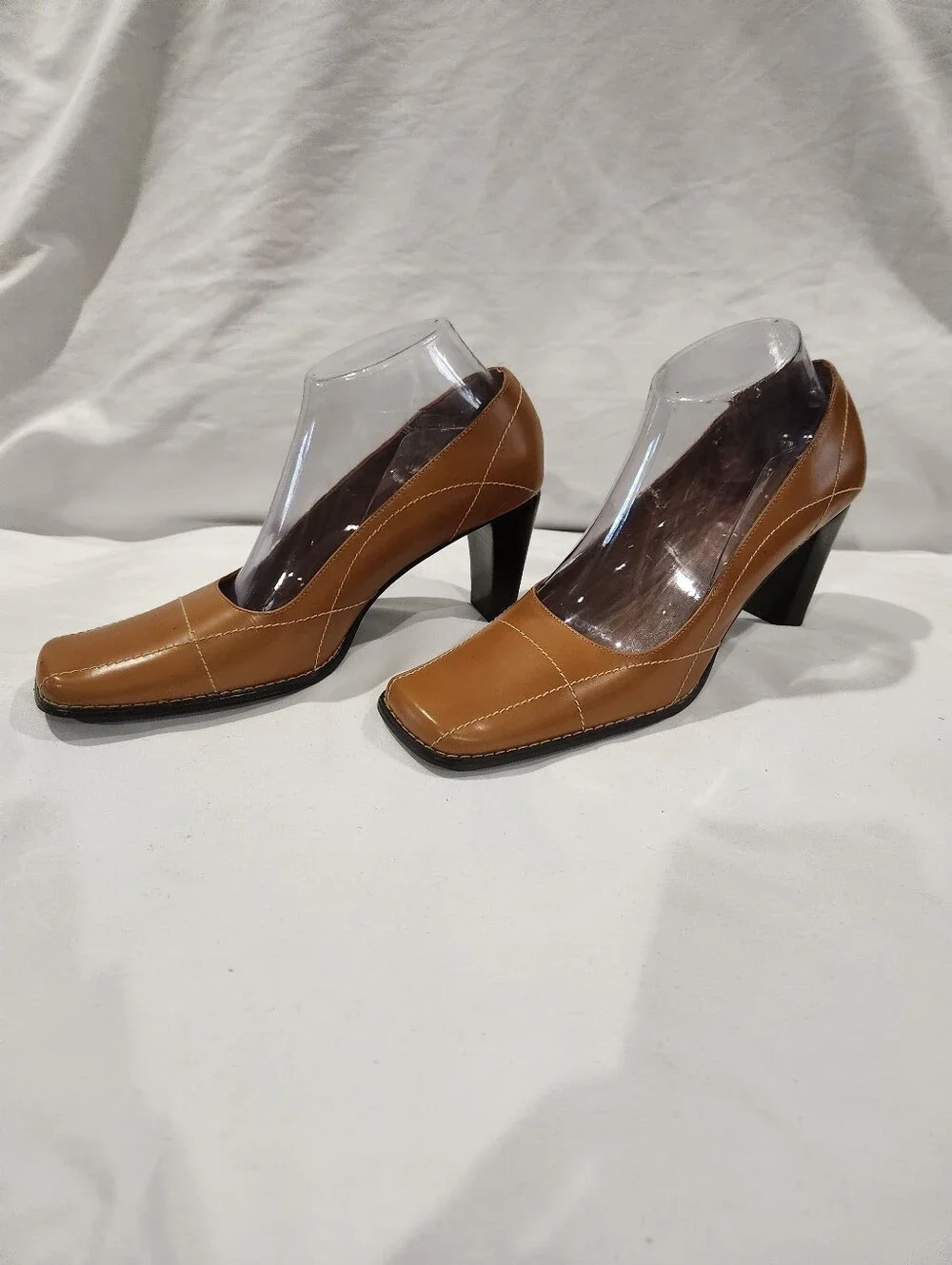 Amanda Smith Tuscany Vintage Y2K Cognac Block Heel Square Tie Pumps Size 8